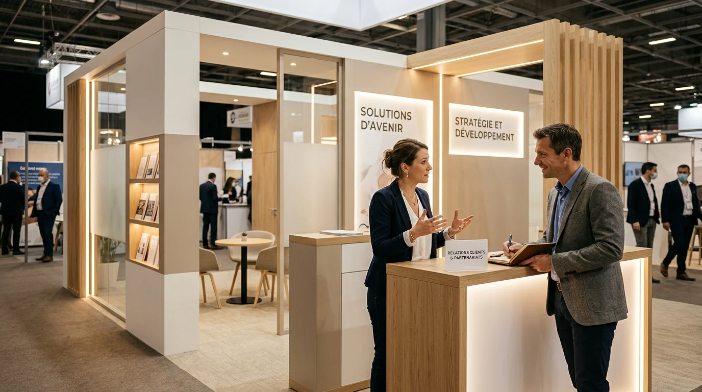 Stand modulaire moderne sur un salon professionnel avec deux personnes en discussion