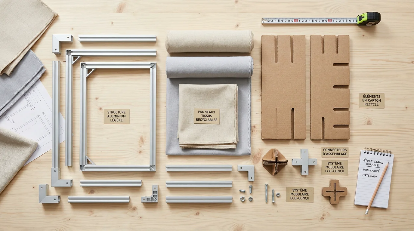 Composants d'un stand modulaire réemployable en matériaux responsables