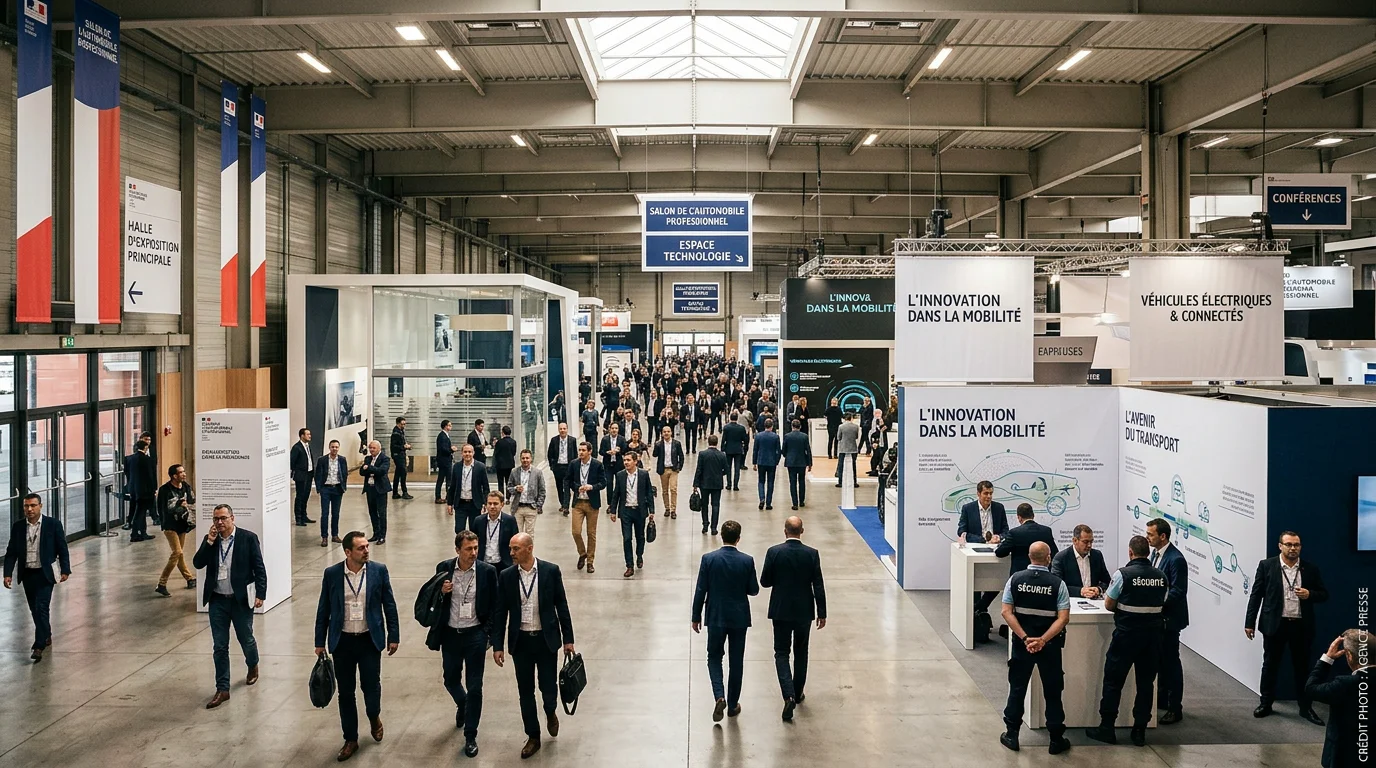 Vue d'ensemble d'un salon professionnel automobile avec allées et stands d'exposants