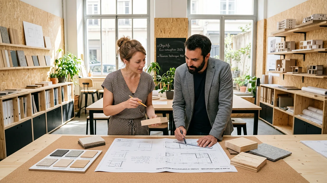 Deux professionnels préparant la conception d'un stand modulaire en studio de design