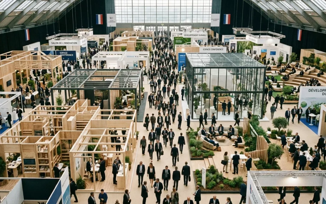 Vue aérienne d'un salon professionnel en France avec stands d'exposition variés