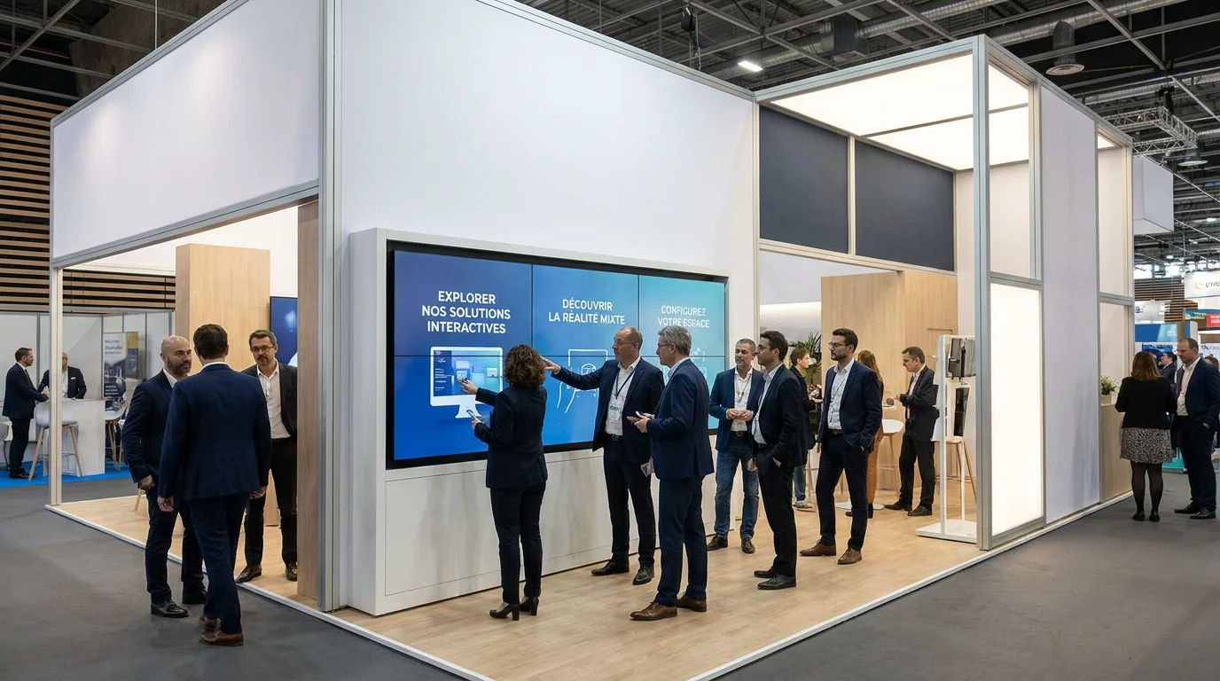 Stand d'exposition avec écran interactif et structure modulaire