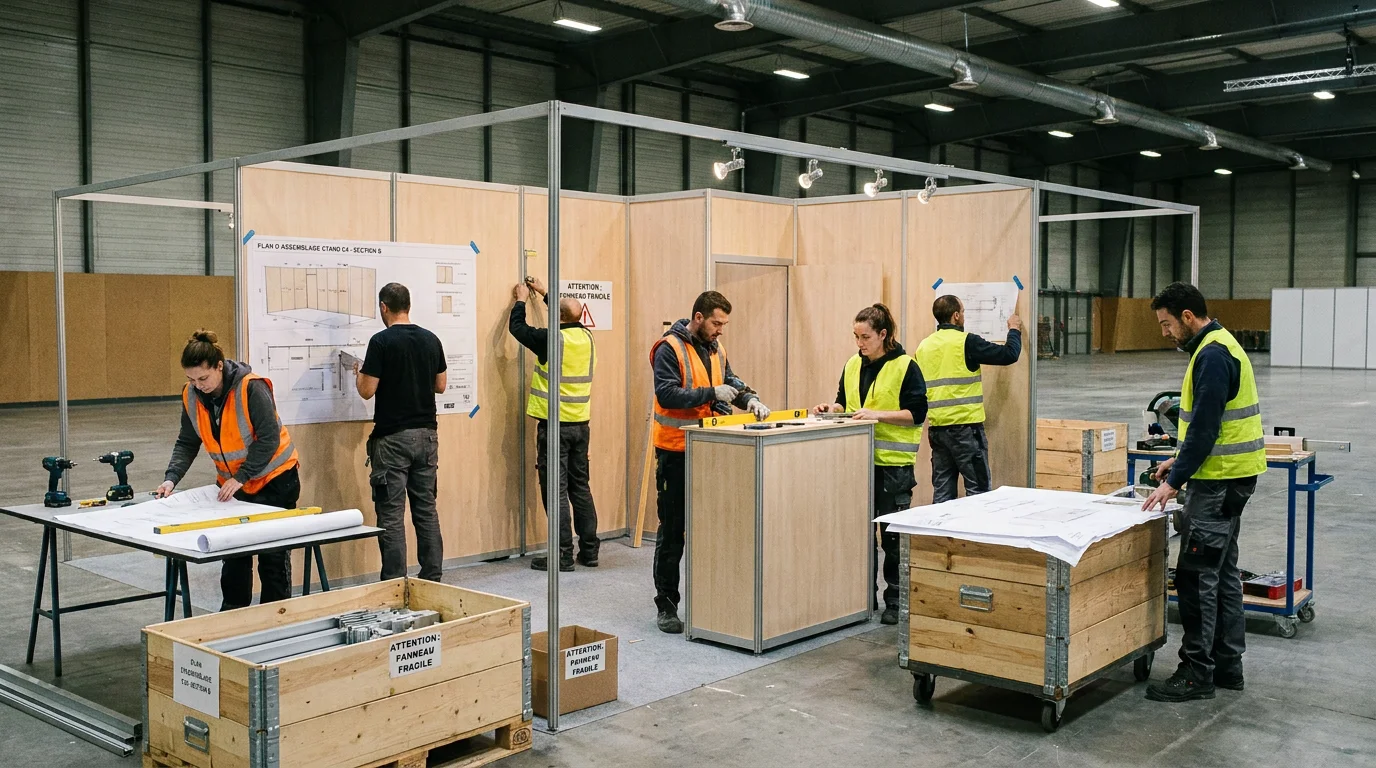 Équipe de monteurs assemblant un stand modulaire sur-mesure dans un hall d'exposition