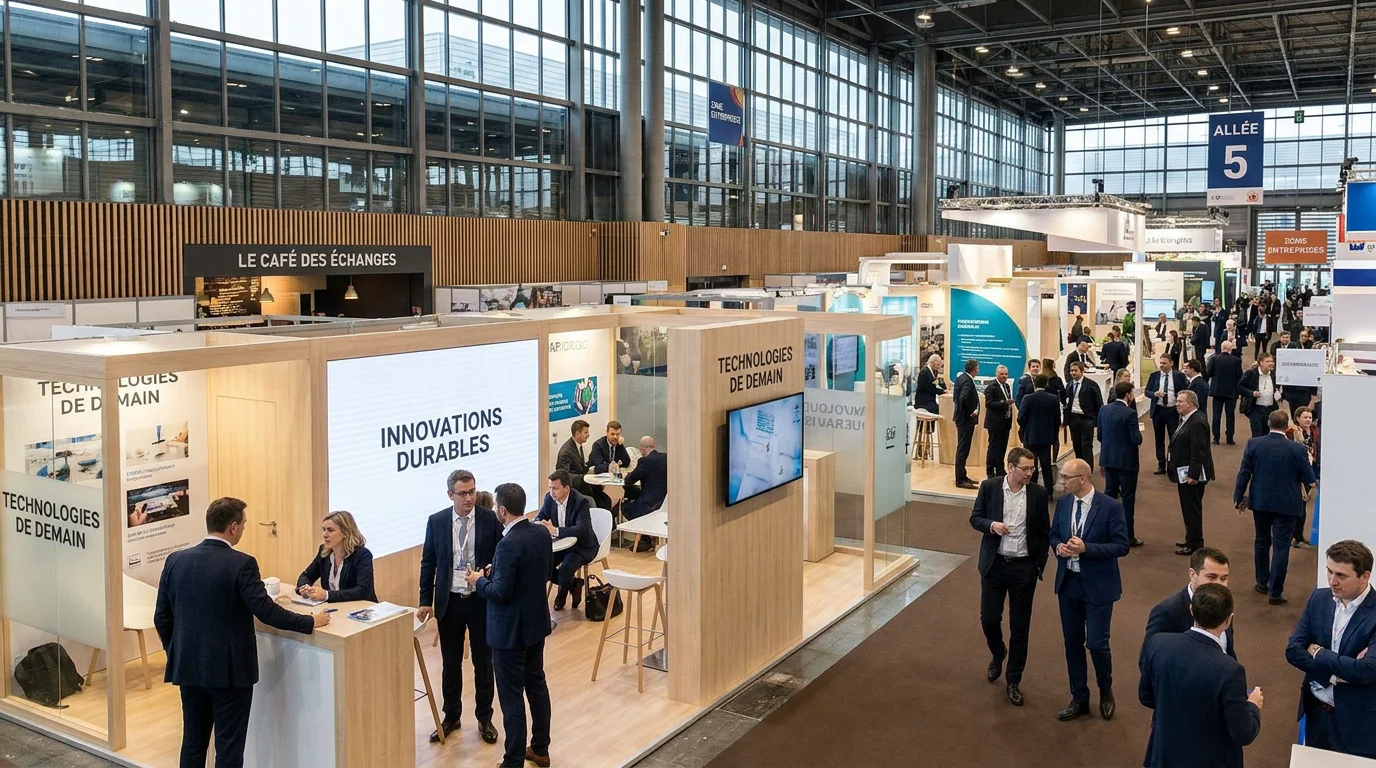 Salon professionnel en France avec stands d'exposition modernes et visiteurs
