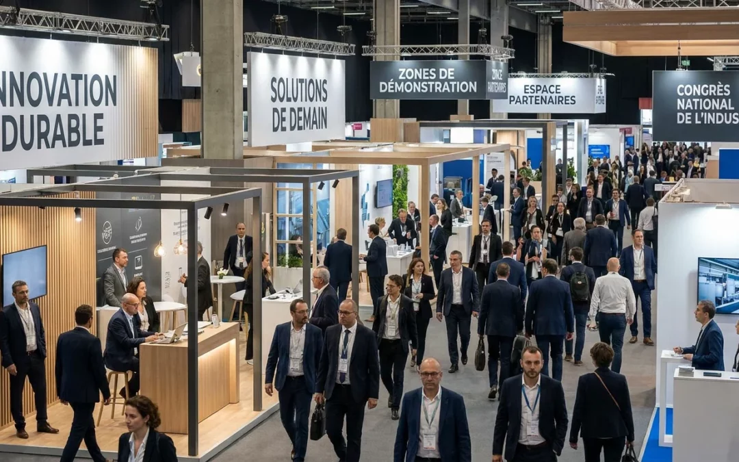 Vue panoramique d'un salon professionnel en France avec stands d'exposition modernes et visiteurs
