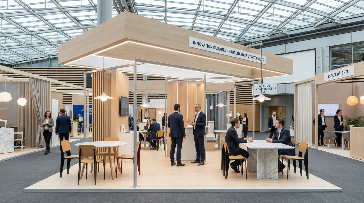 Stand d'exposition moderne dans un salon professionnel en France avec visiteurs européens