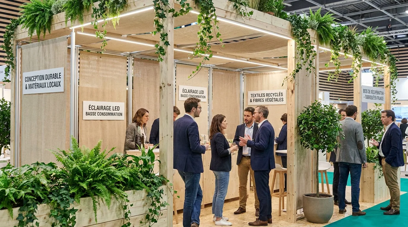 Stand d'exposition écoconçu avec matériaux responsables et recyclés dans un salon en France
