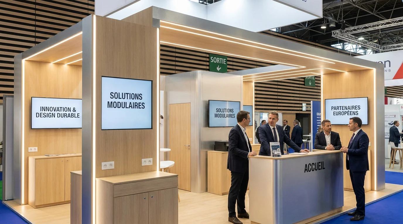 Stand d'exposition professionnel avec design modulaire moderne lors d'un salon en France