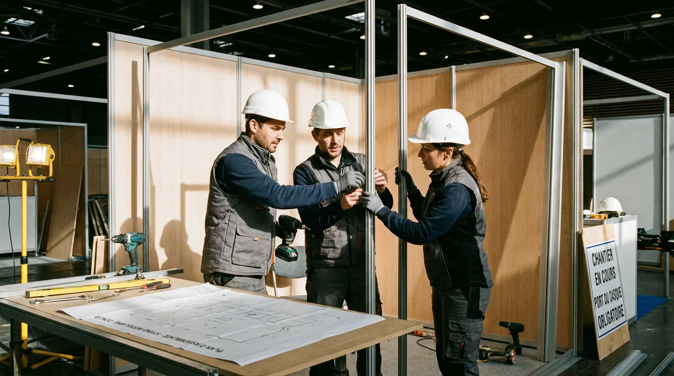 Montage d'un stand modulaire par des techniciens dans un hall d'exposition