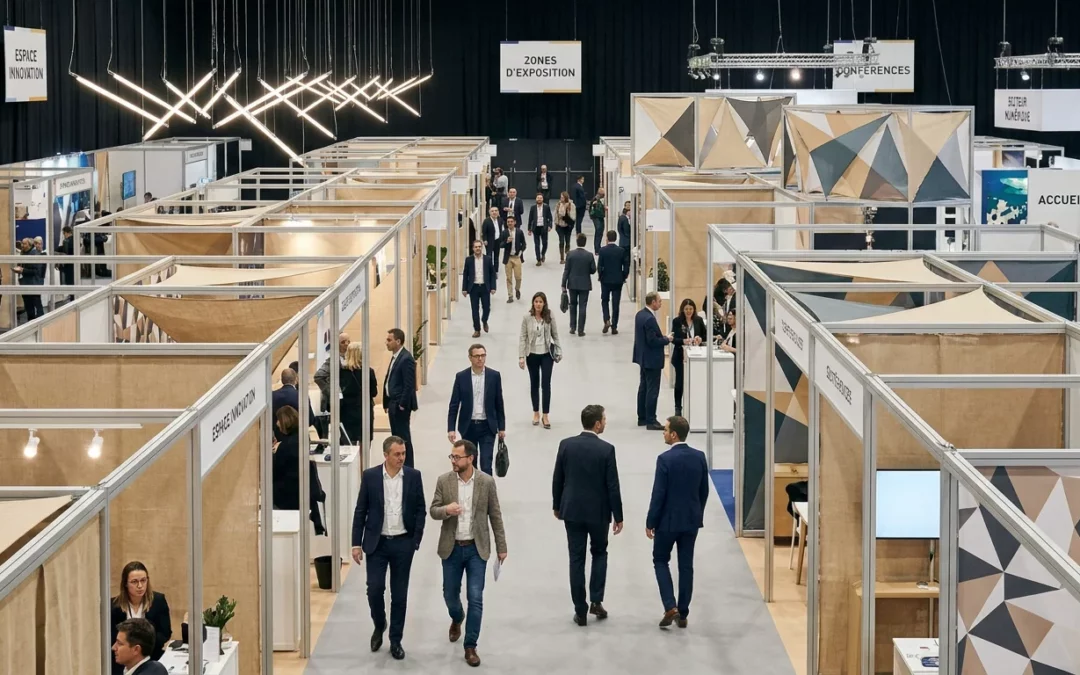 Vue d'ensemble d'un salon professionnel en France avec des stands modulaires contemporains et des visiteurs