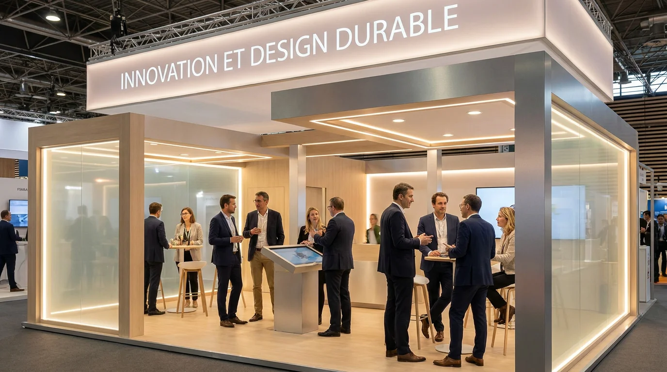 Stand d'exposition professionnel avec éclairages LED et visiteurs lors d'un salon en France