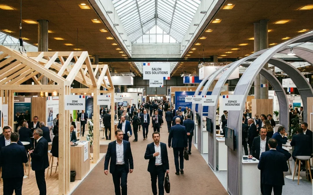 Vue panoramique d'un salon professionnel en France avec stands d'exposition au design contemporain