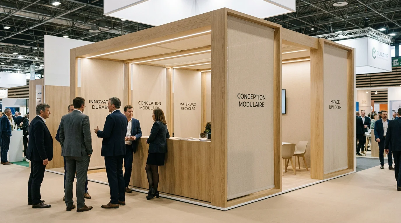 Stand d'exposition au design minimaliste avec bois clair et éclairage LED dans un salon professionnel en France