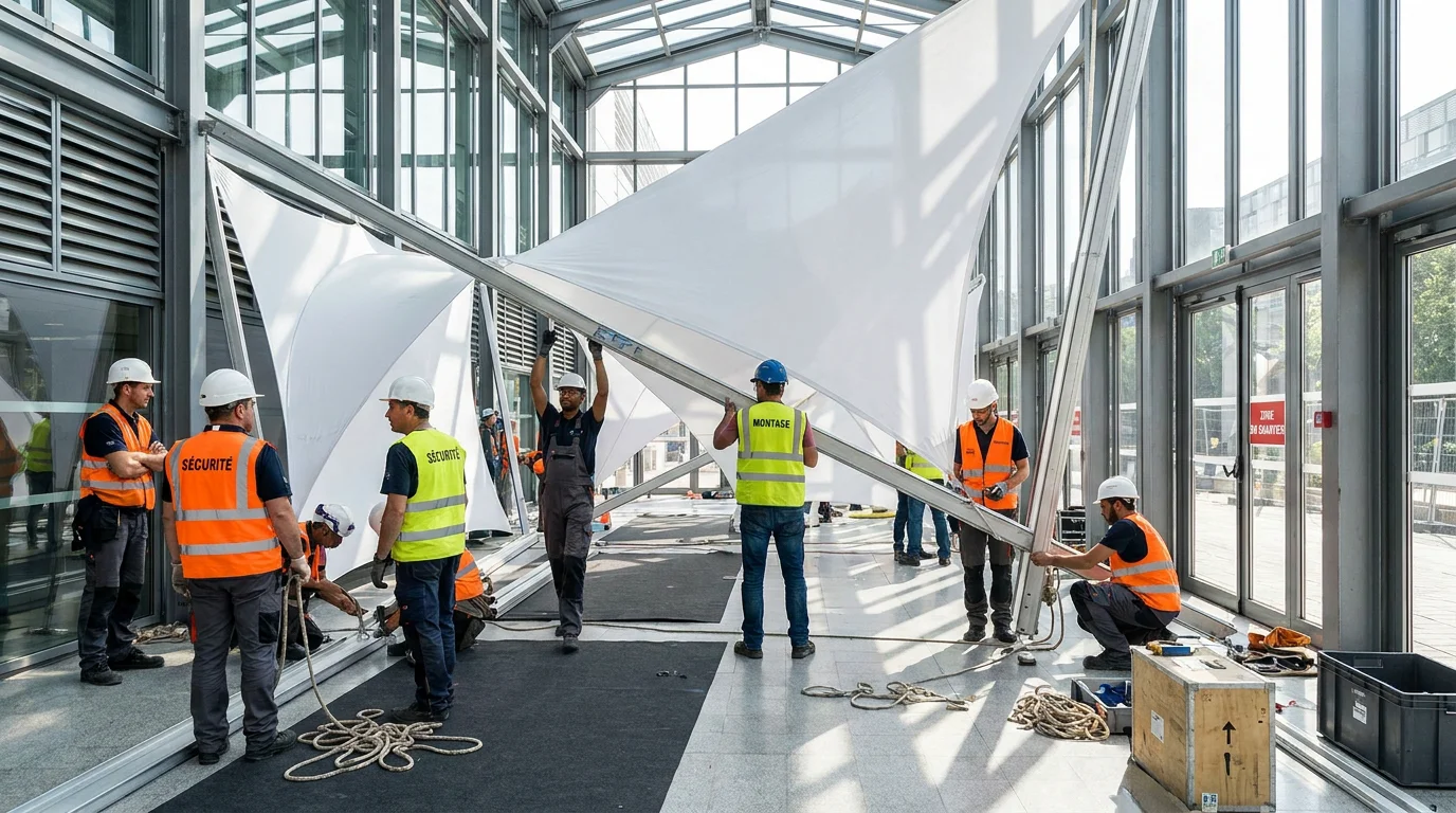 Montage d'un stand modulaire avec structure aluminium et textile tendu dans un espace événementiel en France