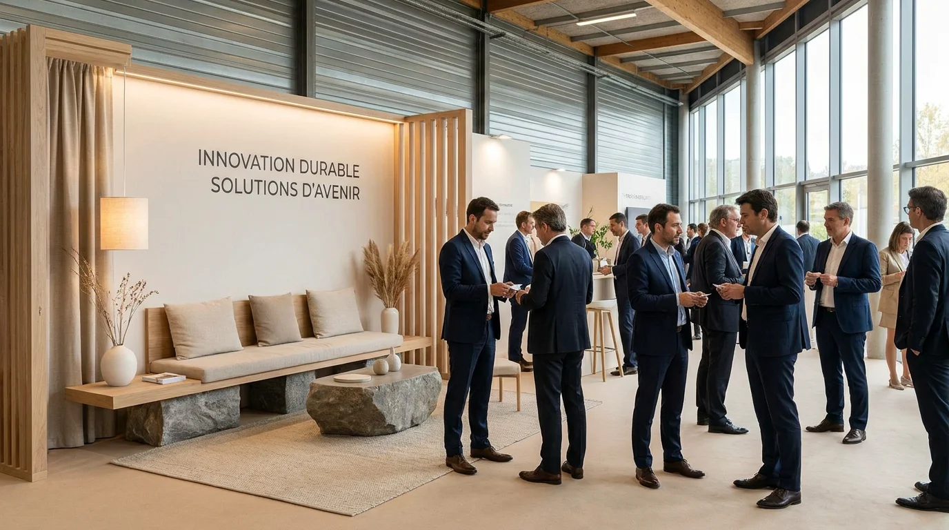 Stand sur mesure dans un salon professionnel en France avec visiteurs échangeant