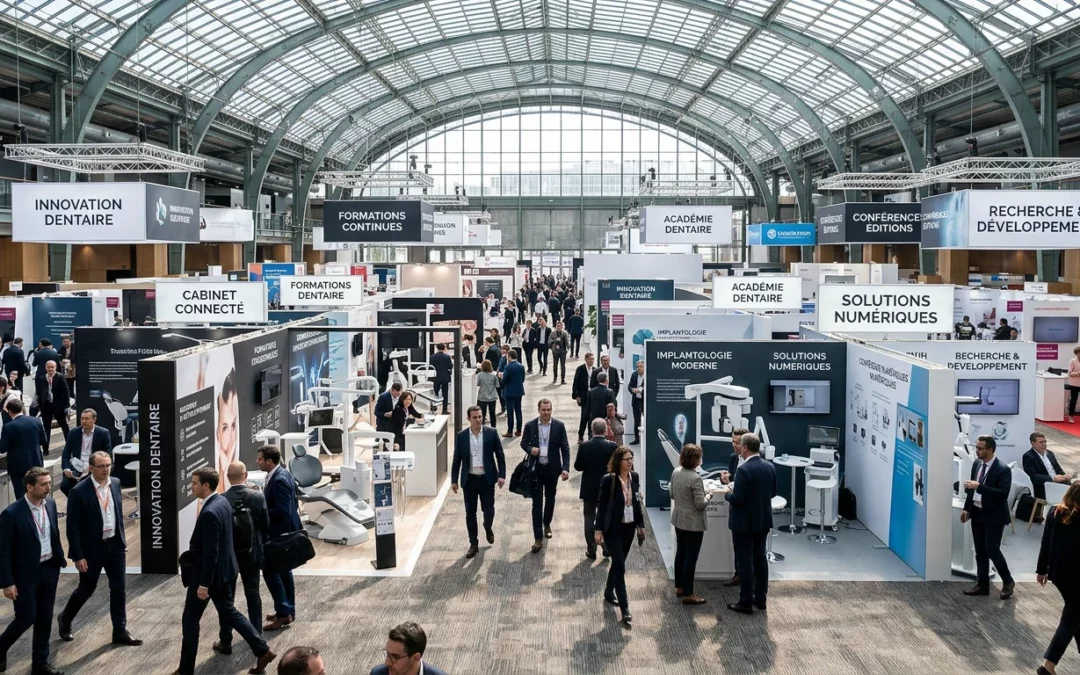 Allées animées d'un grand salon dentaire avec stands d'exposition modernes