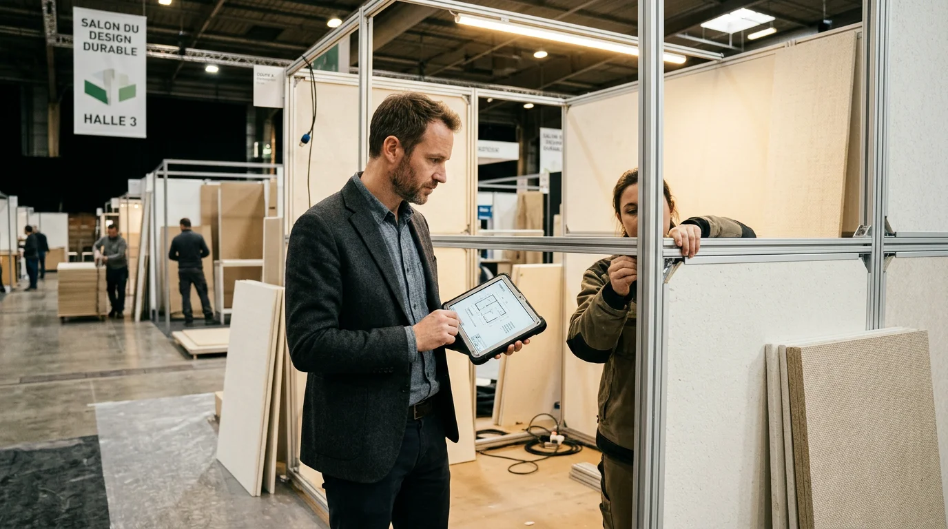 Système de stand modulaire en cours d'assemblage avec matériaux réutilisables