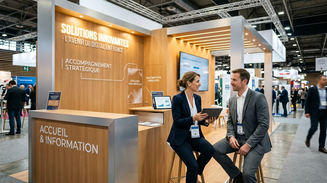 Stand sur mesure moderne sur un salon professionnel avec deux visiteurs européens