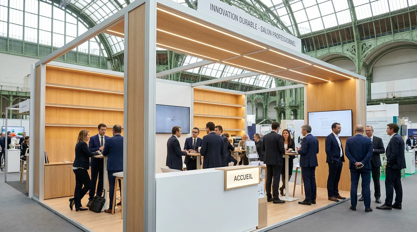 Stand de salon professionnel au design épuré avec structure bois et éclairage LED