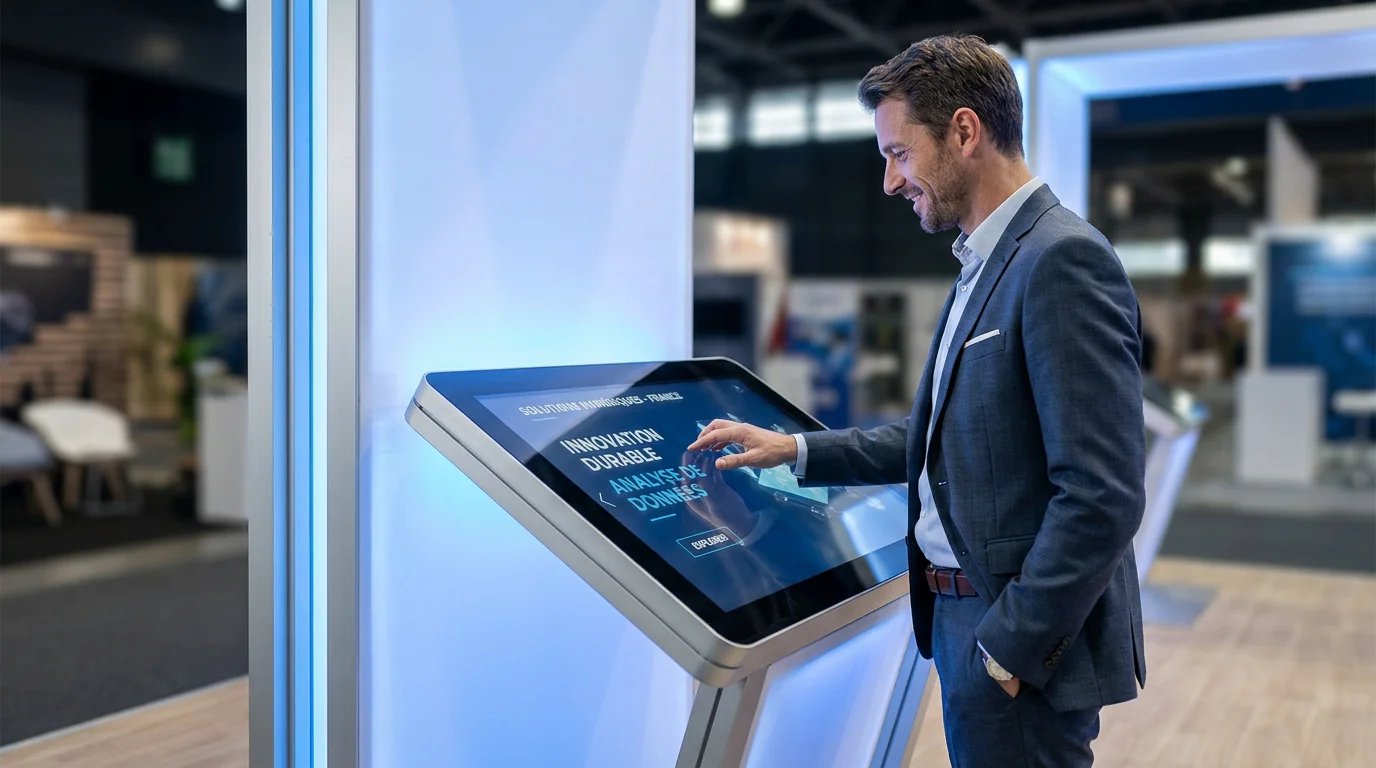 Borne interactive sur un stand modulaire lors d'un salon professionnel