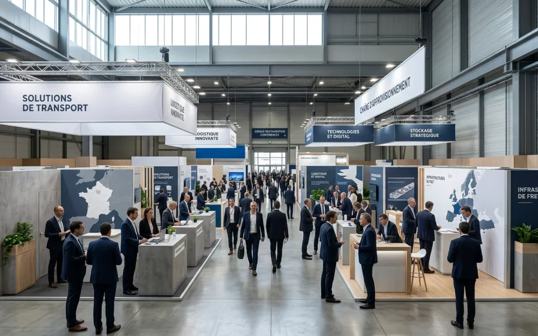 Salon professionnel du transport et de la logistique avec stands modernes et visiteurs