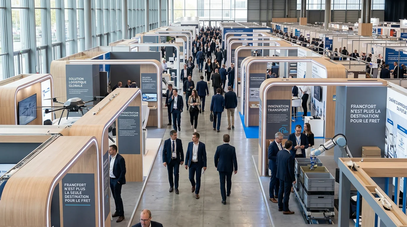 Hall d'un salon professionnel du transport et de la logistique avec stands et visiteurs