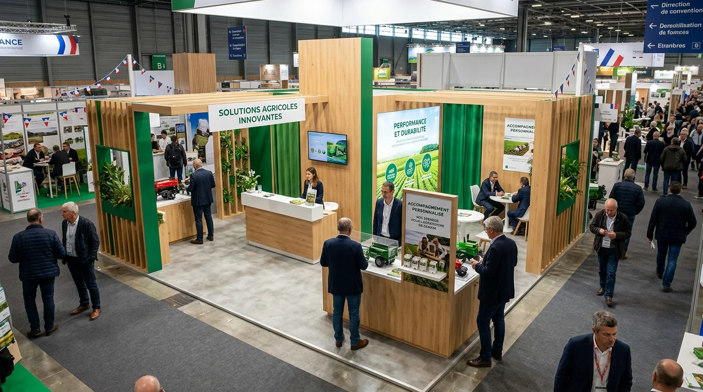Stand sur-mesure en bois clair sur un salon agricole avec des visiteurs