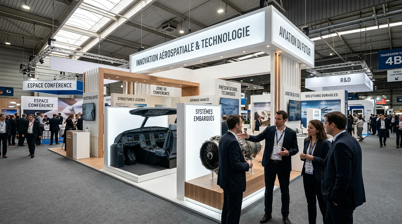 Stand modulaire moderne sur un salon aéronautique professionnel