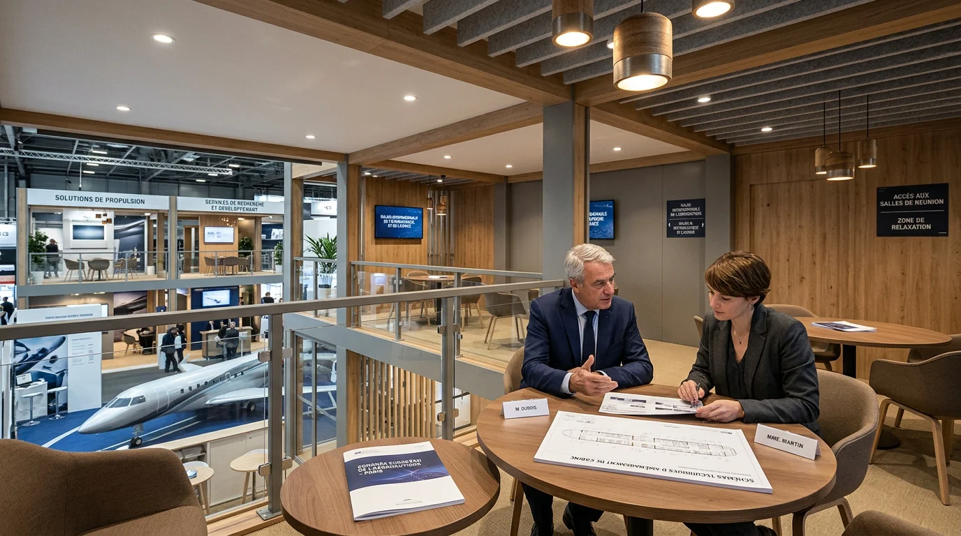 Aménagement intérieur d'un chalet d'exposition lors d'un salon aéronautique