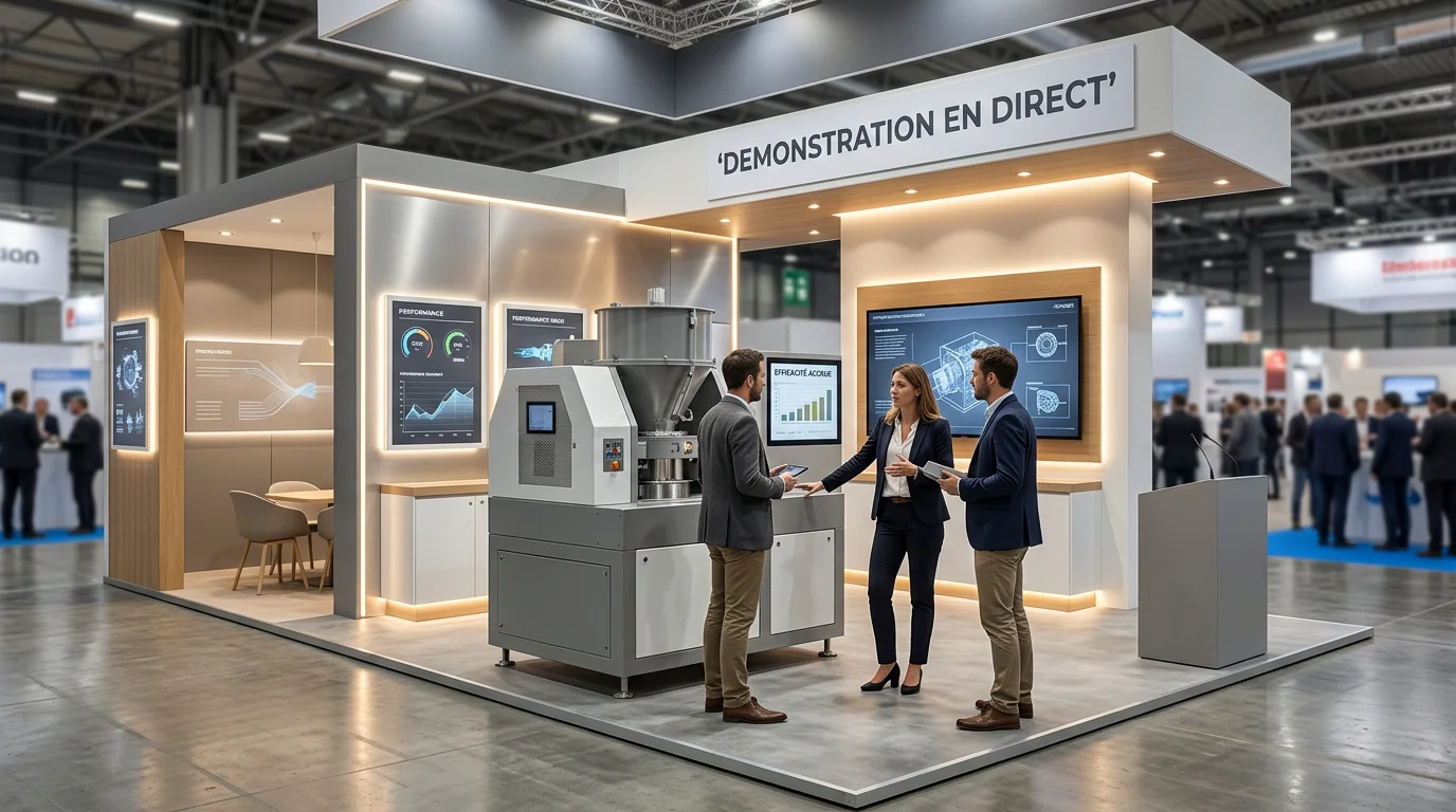 Stand industriel professionnel sur un salon avec zone de démonstration