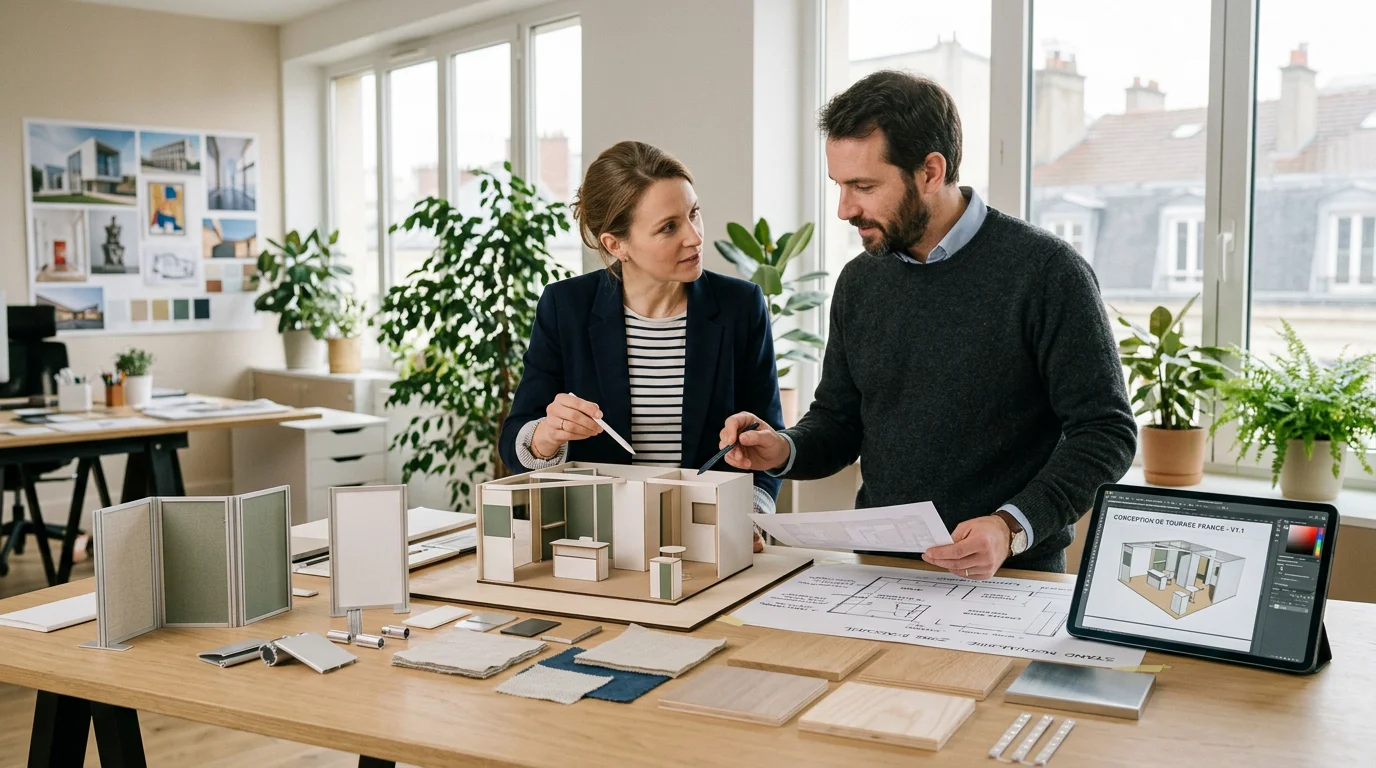 Deux professionnels étudient une maquette de stand modulaire en studio