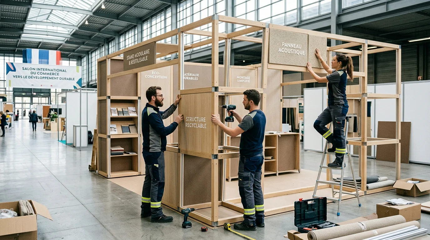 Montage d'un stand modulaire réutilisable dans un hall d'exposition