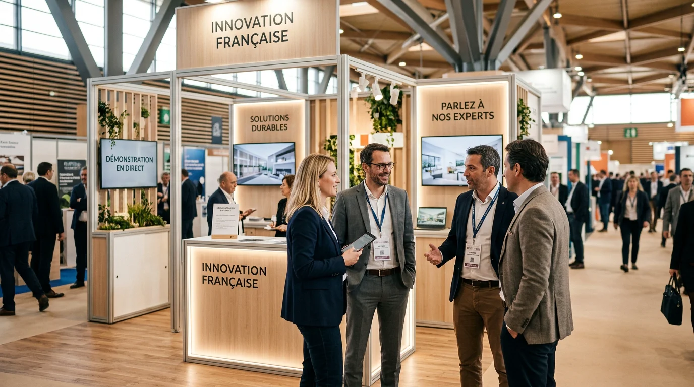 Visiteurs échangeant autour d'un stand d'exposition modulaire lors d'un salon professionnel