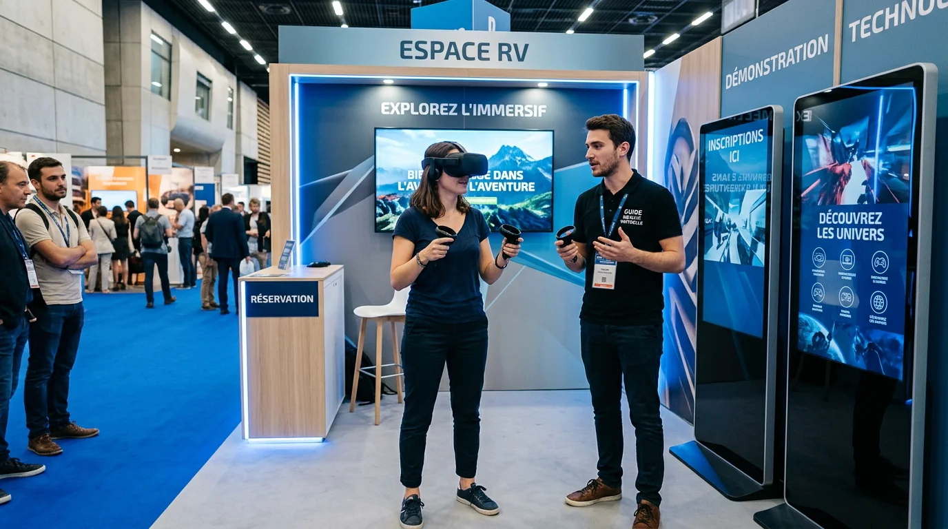 Visiteur testant une expérience de réalité virtuelle sur un stand de salon