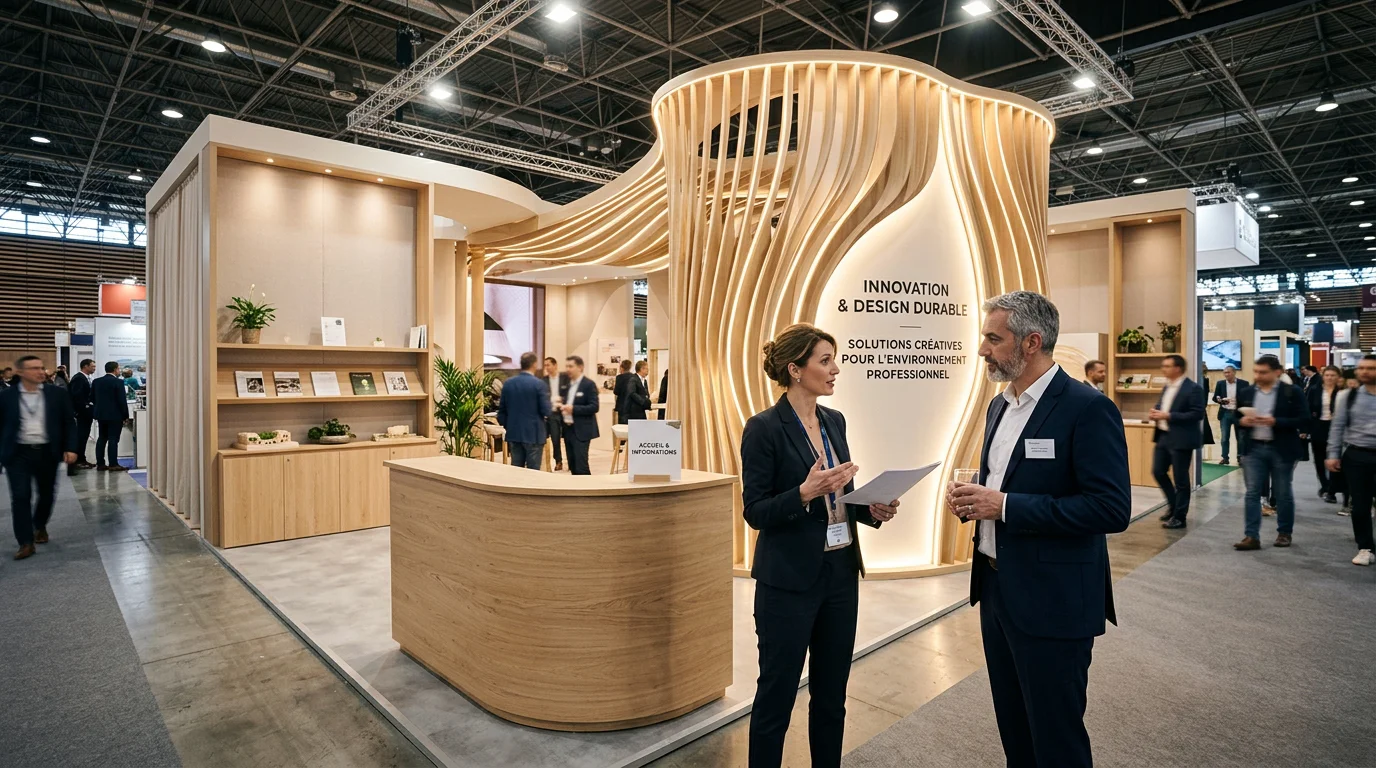 Stand de salon professionnel moderne attirant les visiteurs dans une allée