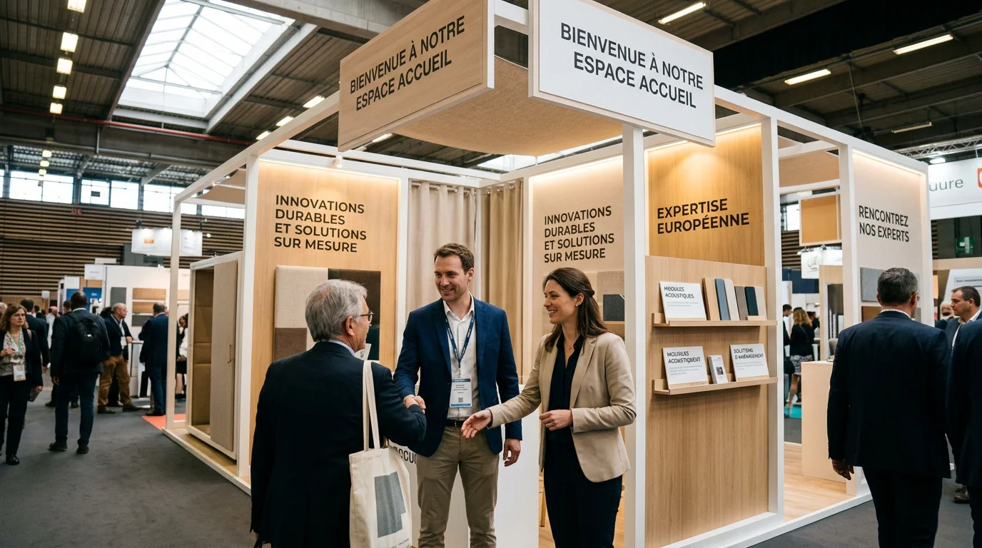 Stand d'exposition modulaire animé par deux professionnels sur un salon