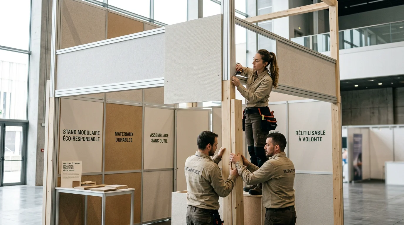 Montage d'un stand modulaire réutilisable en matériaux responsables