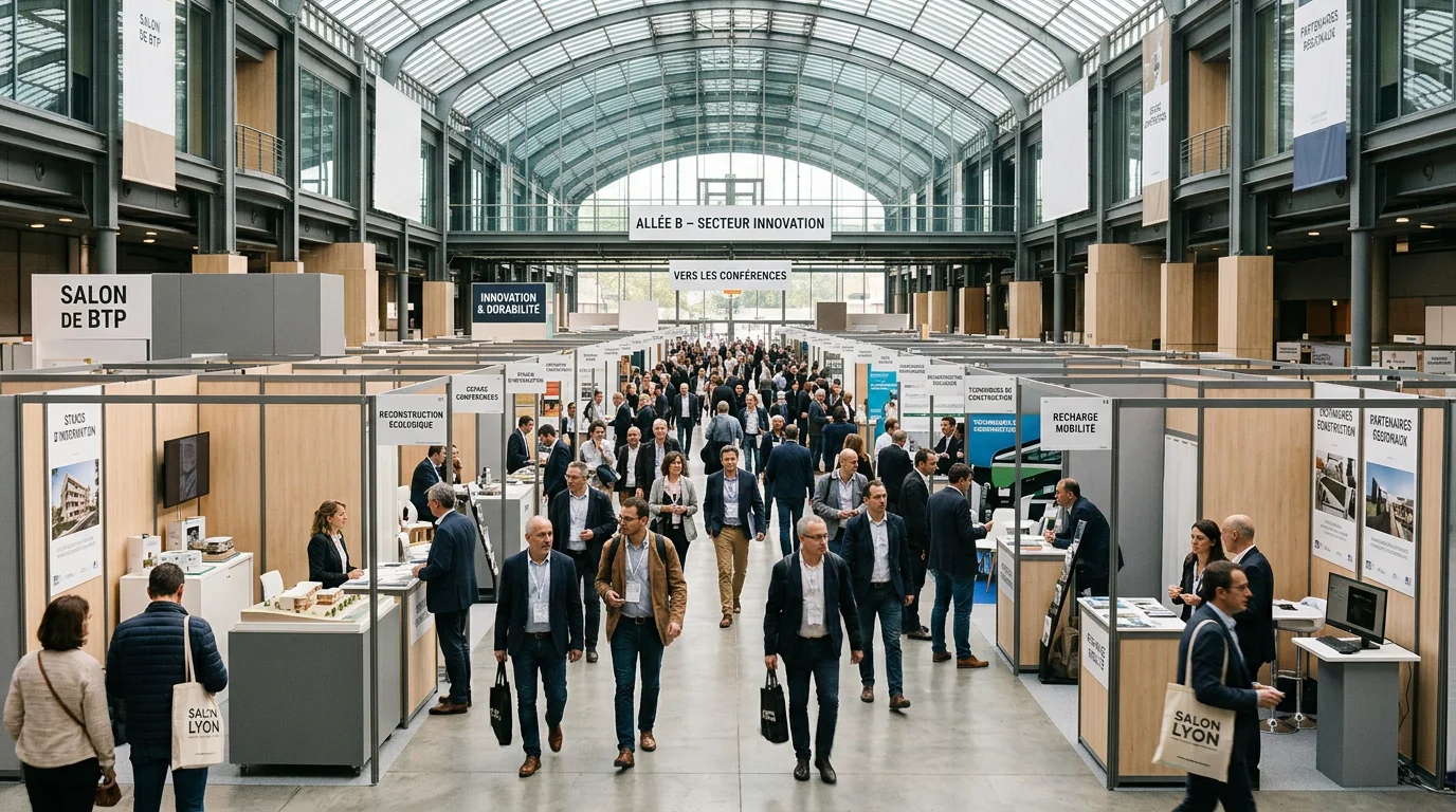 Hall d'un salon professionnel en France avec visiteurs et stands modulaires