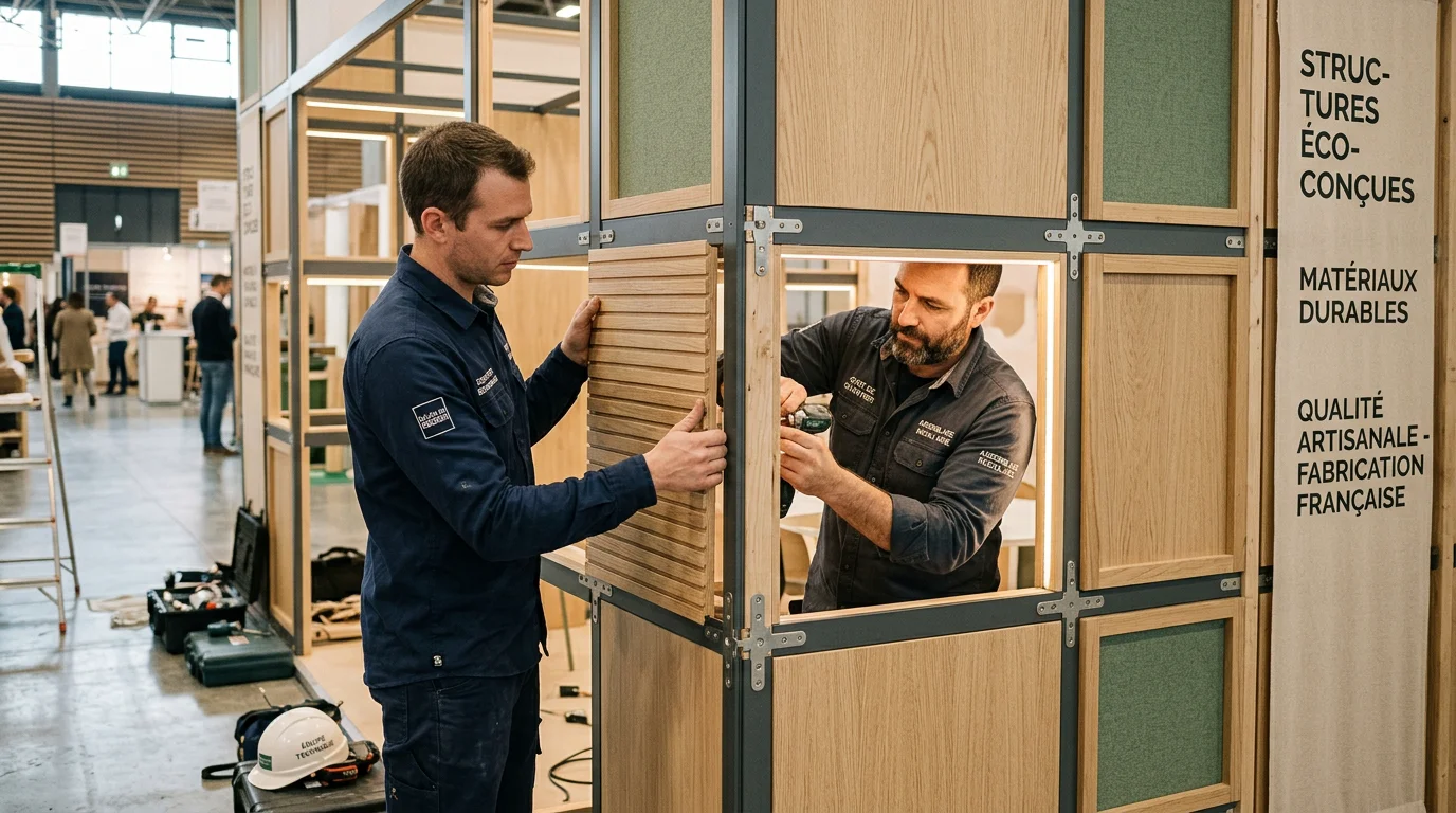 Montage d'un stand sur-mesure modulaire lors d'un salon professionnel
