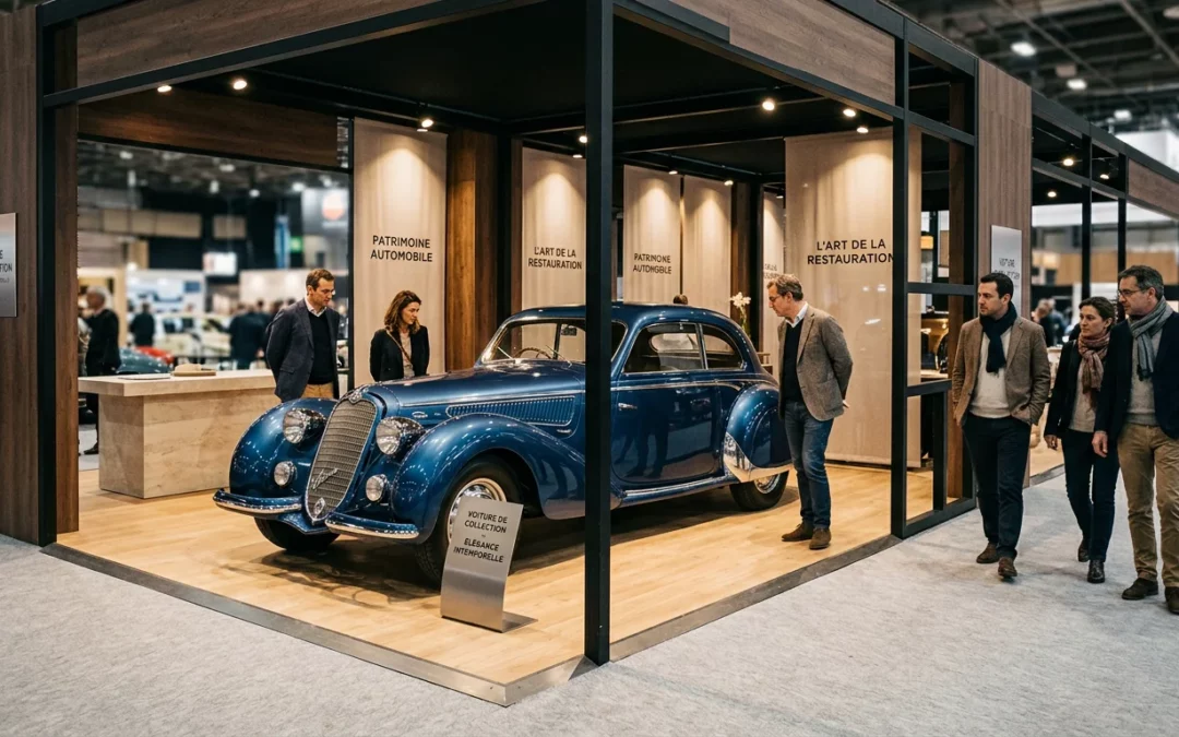 Stand d'exposition sur mesure mettant en valeur une voiture de collection