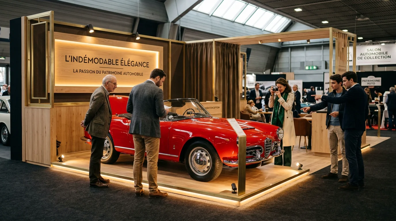 Stand sur mesure présentant une voiture de collection au salon Rétromobile