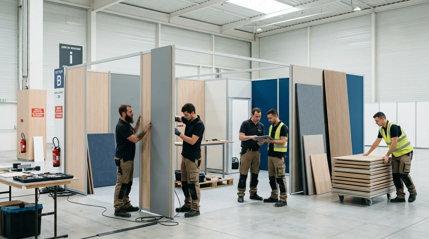 Stand modulaire réutilisable en cours d'agencement pour un salon