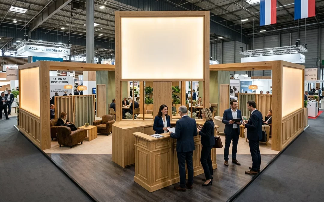 Grand stand d'exposition sur mesure élégant lors d'un salon professionnel