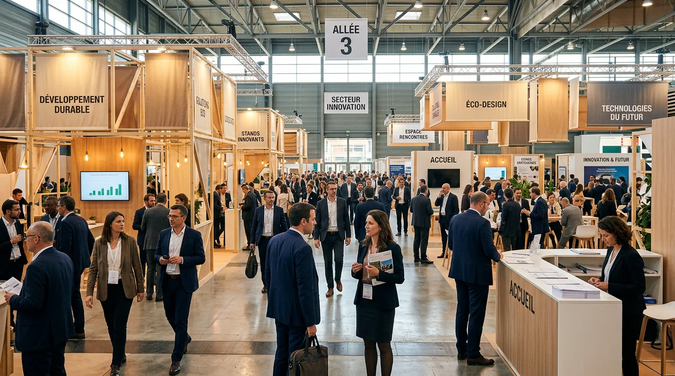 Vue d'un salon professionnel avec plusieurs stands d'exposition sur mesure