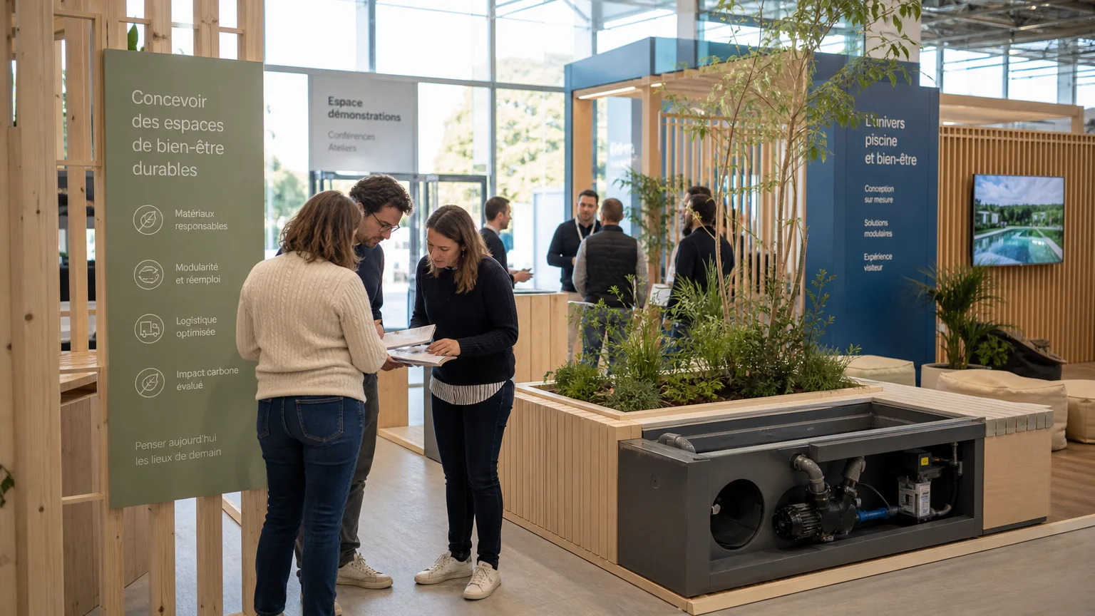 Équipe préparant un stand éco-conçu pour un salon piscine