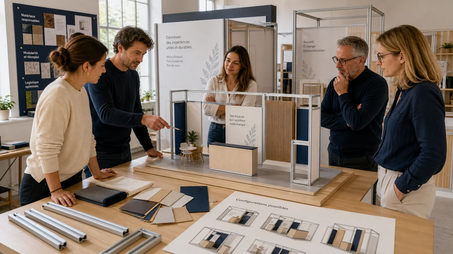 Équipe de conception travaillant sur un stand d’exposition modulable