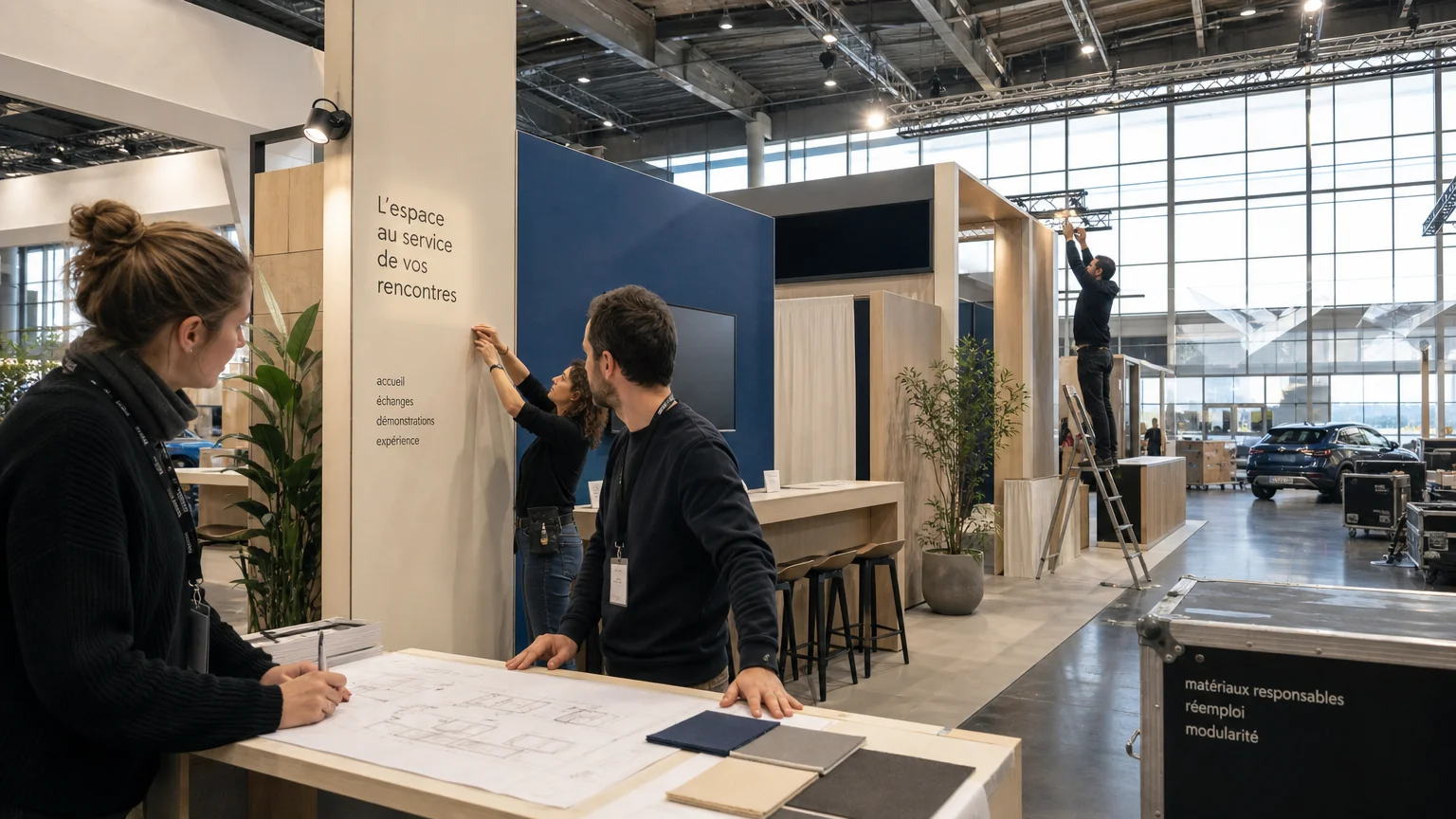 Équipe européenne préparant un stand automobile modulaire dans un hall d’exposition