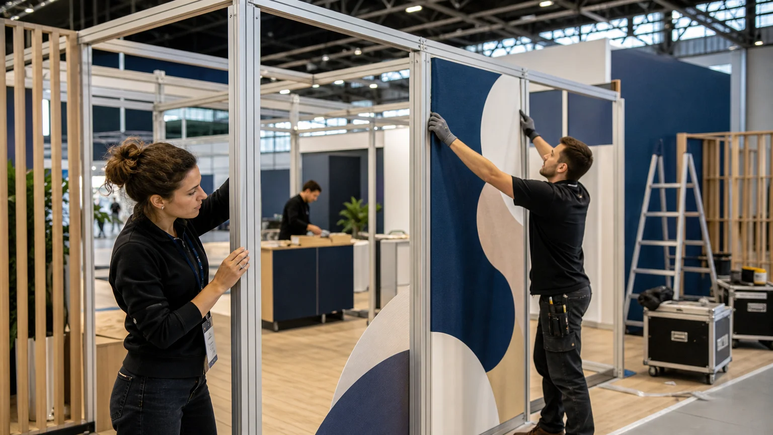 Équipe reconfigurant une structure de stand modulable