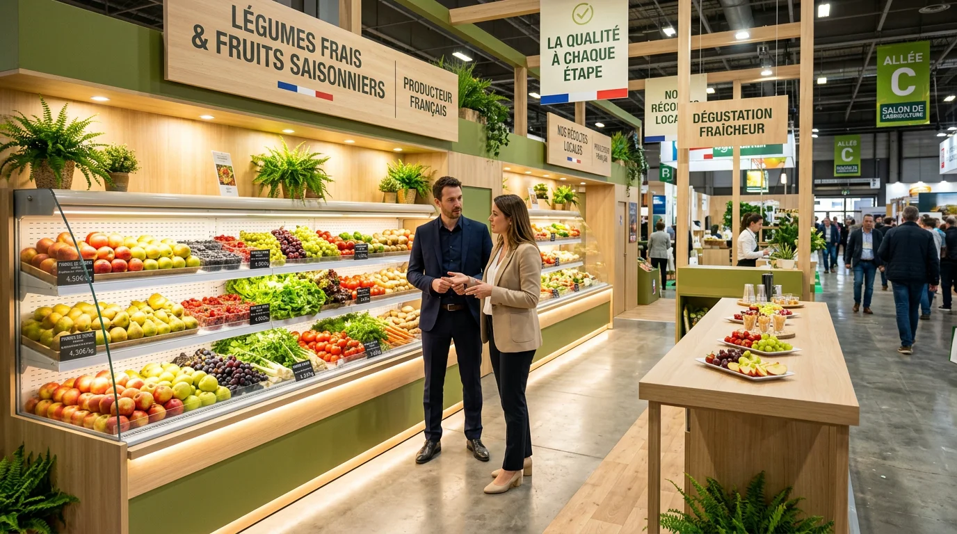 Stand d'exposition pour fruits et légumes avec vitrines réfrigérées et espace de dégustation