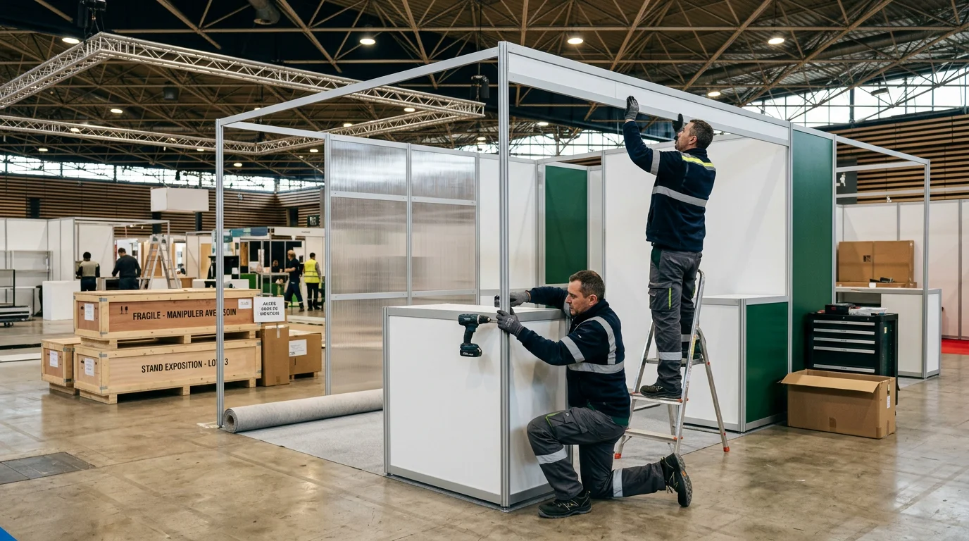 Montage d'un stand modulaire dans un hall de salon international